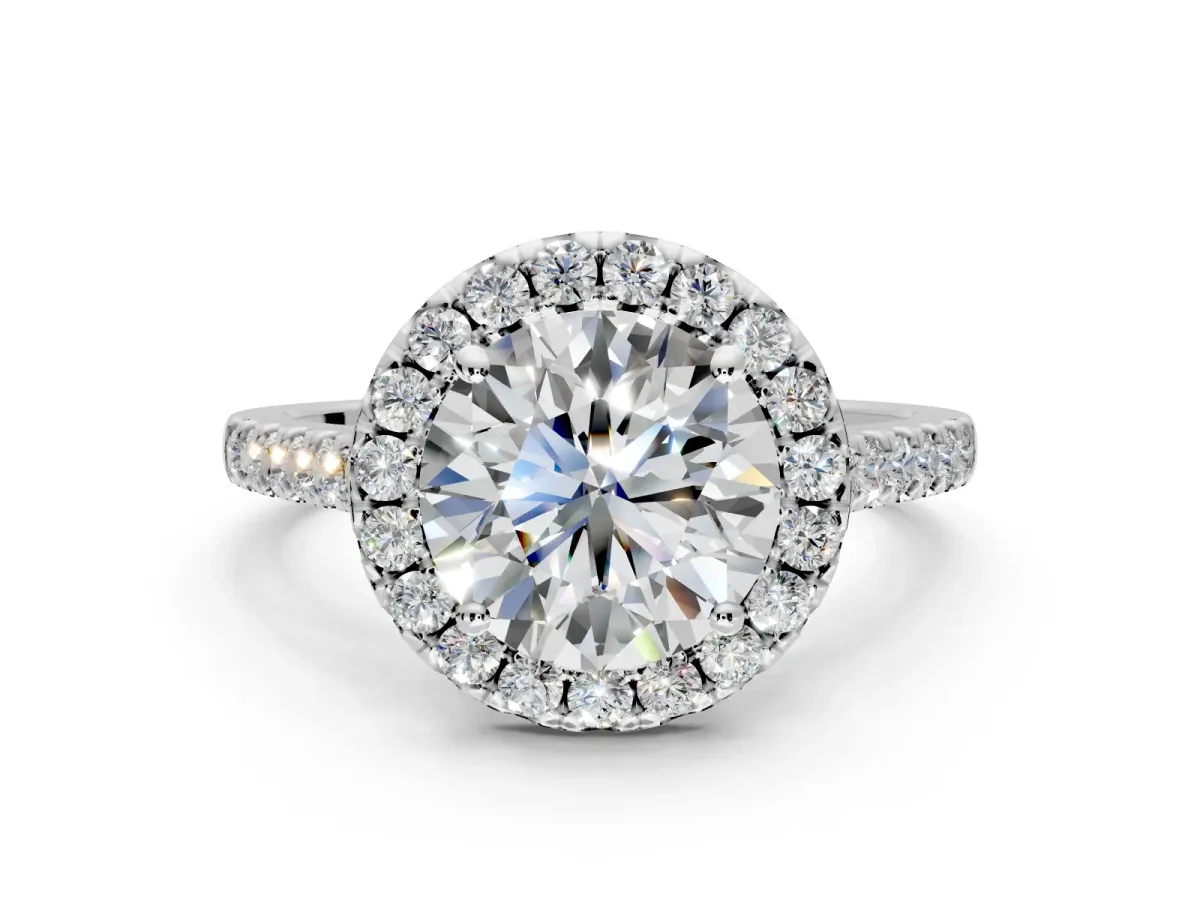 Halo Engagement Ring Setting for Round Cut Center with Narrowing Pave Band and Prong Head in Sterling Silver
