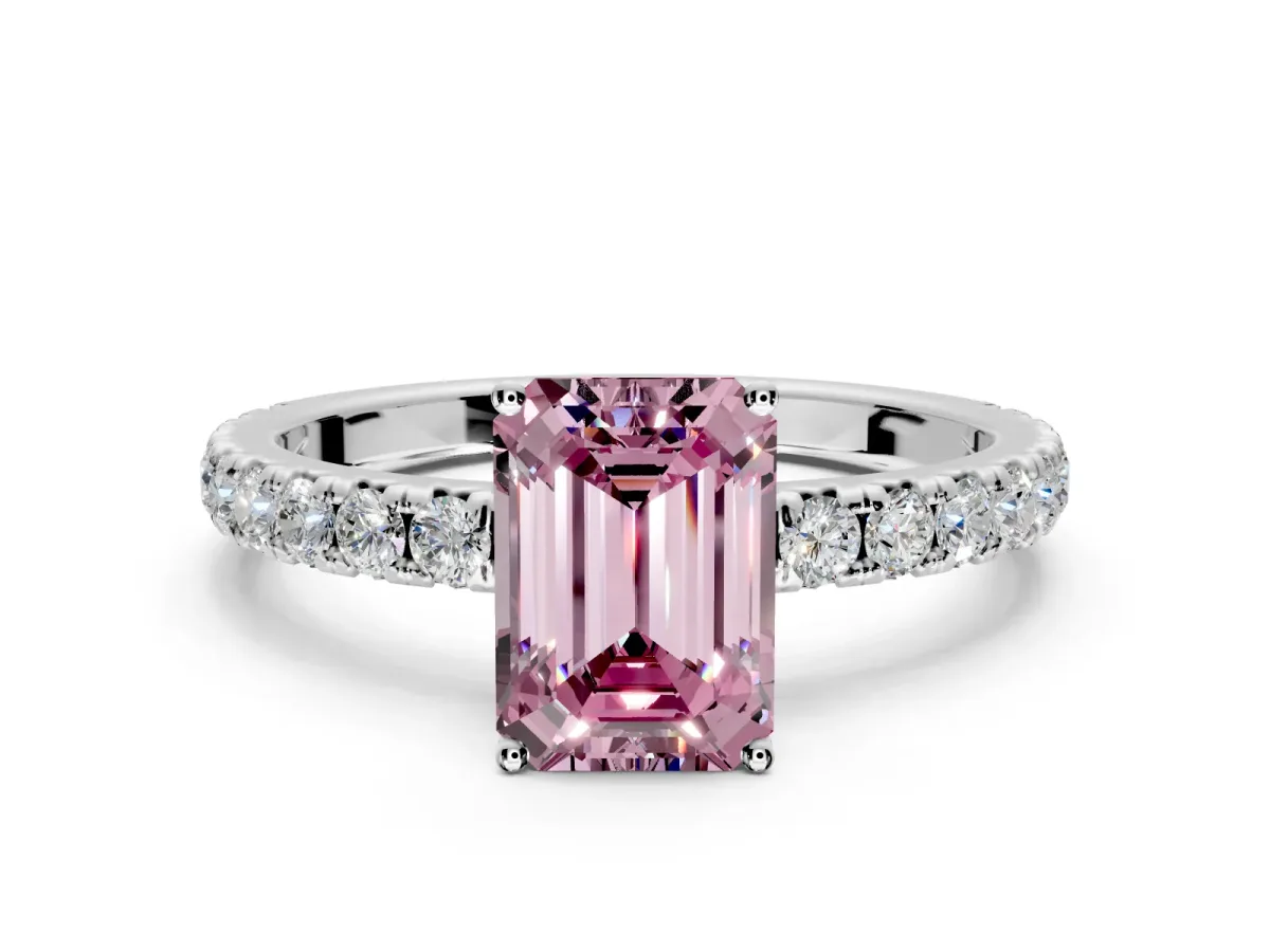 Solitaire Engagement Ring Setting for Fancy Pink Emerald Cut Center with Large Accent Band and Prong Head in Platinum