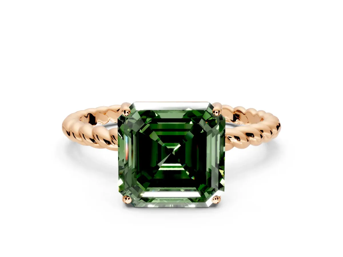 Solitaire Engagement Ring Setting for Fancy Green Asscher Cut Center with Plain Twisted Rope Band and Prong Head in Rose Gold