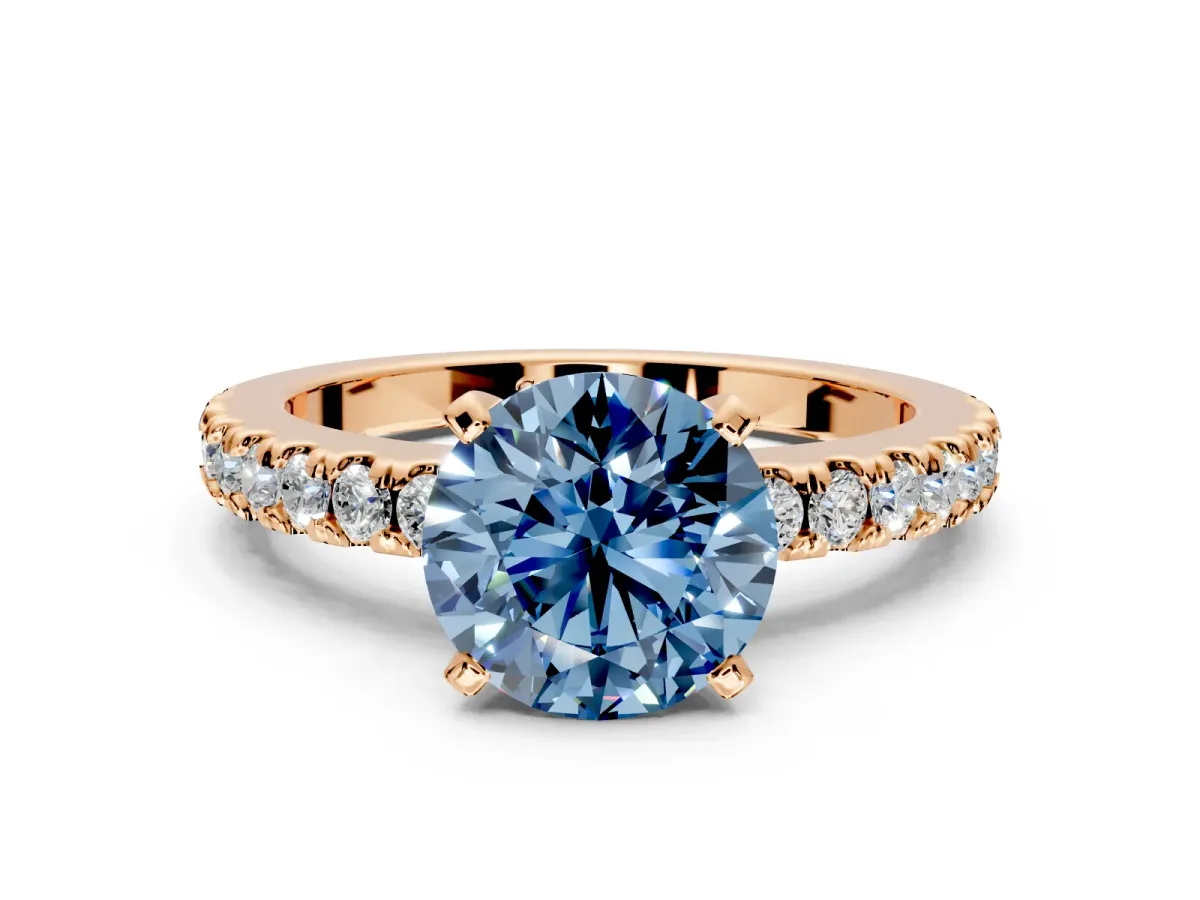 Solitaire Engagement Ring Setting for Fancy Blue Round Cut Center with Single Row Accent Band and Prong Head in Rose Gold