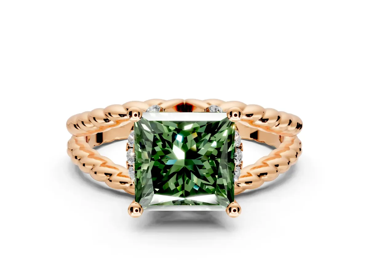 Halo Engagement Ring Setting for Fancy Green Princess Cut Center with Rope Twist Split Shank and Prong Head in Rose Gold