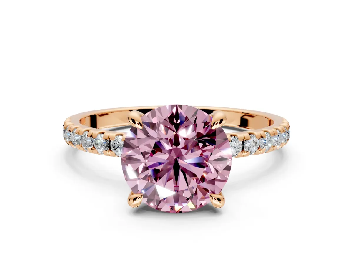 Solitaire Engagement Ring Setting for Fancy Pink Round Cut Center with Fine Pave Narrow Band and Prong Head in Rose Gold
