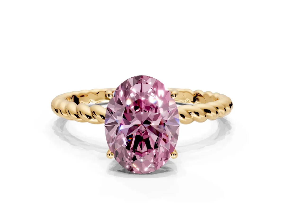Solitaire Engagement Ring Setting for Fancy Pink Oval Center with 2-Strand Rope Twist Band and Prong Head in Yellow Gold
