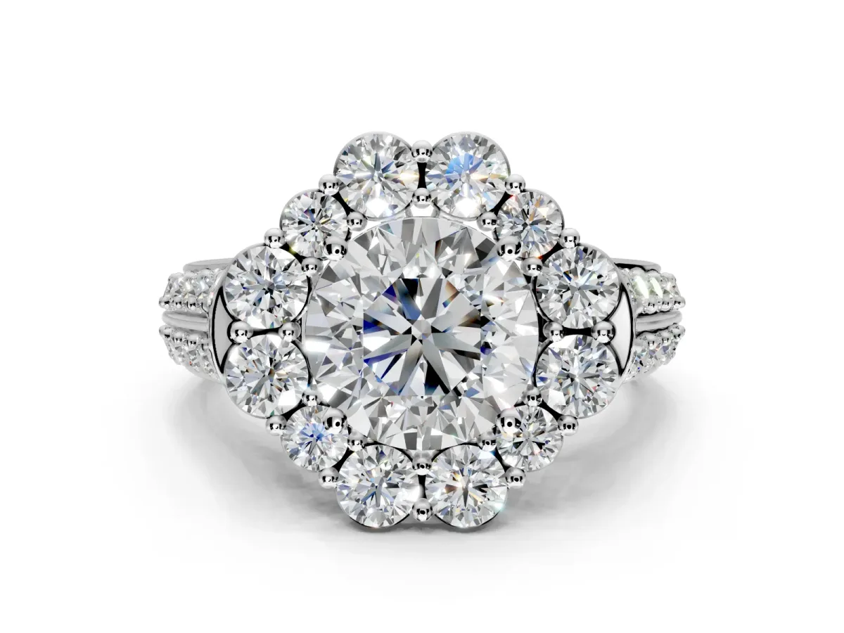Large Accent Halo Engagement Ring Setting for Round Cut Center with Pave Split Shank and Prong Head in Sterling Silver