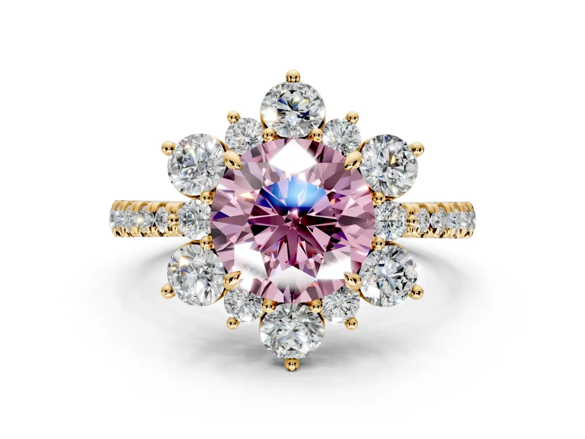 Floral Halo Engagement Ring Setting for Fancy Pink Round Cut Center with Pave Accents and Prong Head in Yellow Gold