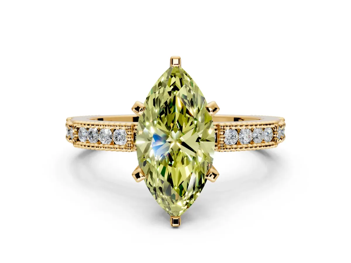 Solitaire Engagement Ring Setting for Fancy Yellow Marquise Center with Milgrain-Edged Pave Band and Prong Head in Yellow Gold