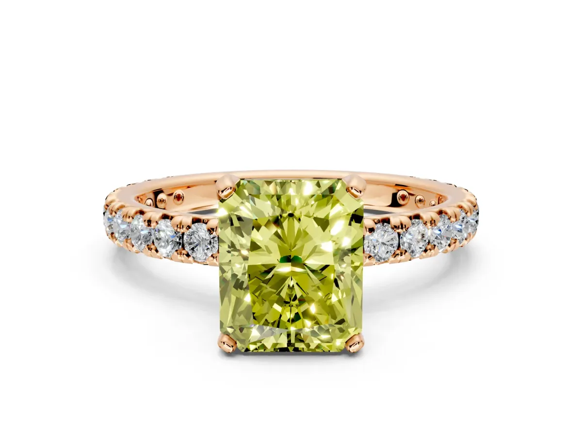 Solitaire Engagement Ring Setting for Fancy Yellow Radiant Cut Center with Shared-Prong Accents and Prong Head in Rose Gold