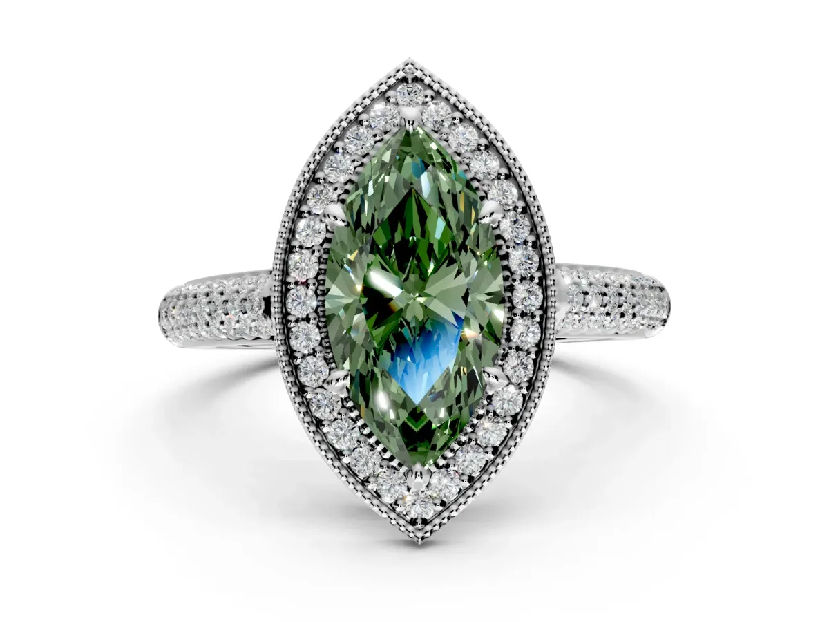 Milgrain Halo Engagement Ring Setting for Fancy Green Marquise Center with Three-Sided Pave Band and Prong Head in White Gold
