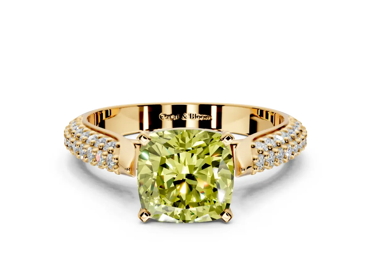 Solitaire Engagement Ring Setting for Fancy Yellow Cushion Cut Center with Multi-Row Accents and Prong Head in Yellow Gold
