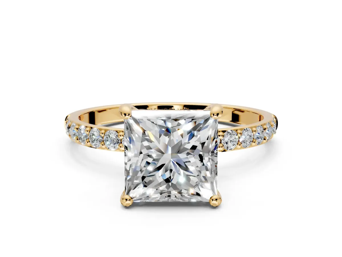 Solitaire Engagement Ring Setting for Princess Cut Center with Pave Accents and Prong Head in Yellow Gold