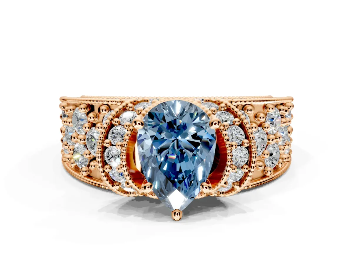 Pave Engagement Ring Setting for Fancy Blue Pear-Shaped Center with Curved Accent Rows, Openwork and Prong Head in Rose Gold