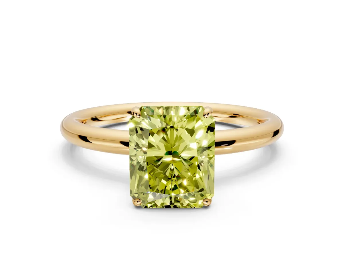 Low-Set Solitaire Engagement Ring Setting for Fancy Yellow Radiant Cut Center with Thin Plain Band and Prong Head in Yellow Gold