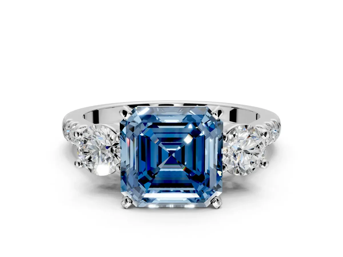 3 Stone Engagement Ring Setting for Fancy Blue Asscher Cut Center with Crossover Basket, Pave Band and Prong Head in Platinum