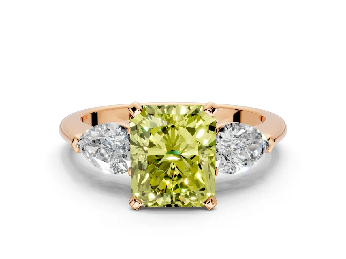 3 Stone Engagement Ring Setting for Fancy Yellow Radiant Cut Center with Large Pear-Shaped Accents and Prong Head in Rose Gold