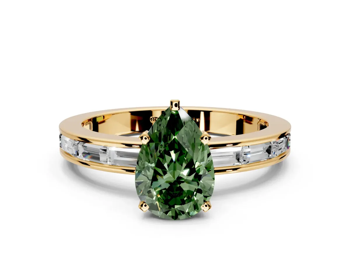 Solitaire Engagement Ring Setting for Fancy Green Pear-Shaped Center with Channel Baguette Band and Prong Head in Yellow Gold