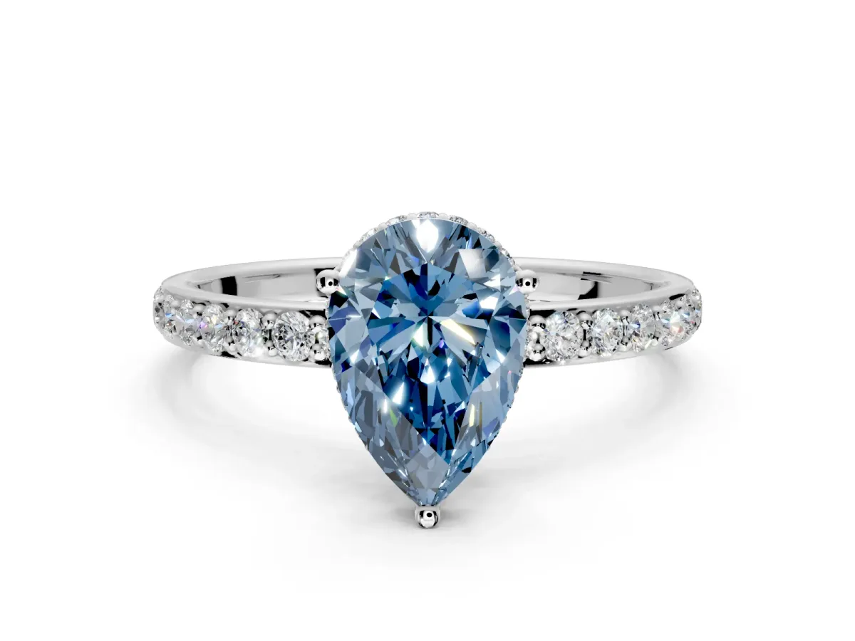 Hidden Halo Engagement Ring Setting for Fancy Blue Pear-Shaped Center with Pave Band and Prong Head in White Gold