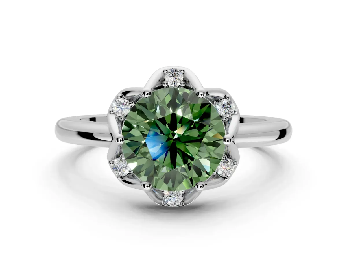 Floral Frame Engagement Ring Setting for Fancy Green Round Cut Center with Accent Clusters and Prong Head in Platinum
