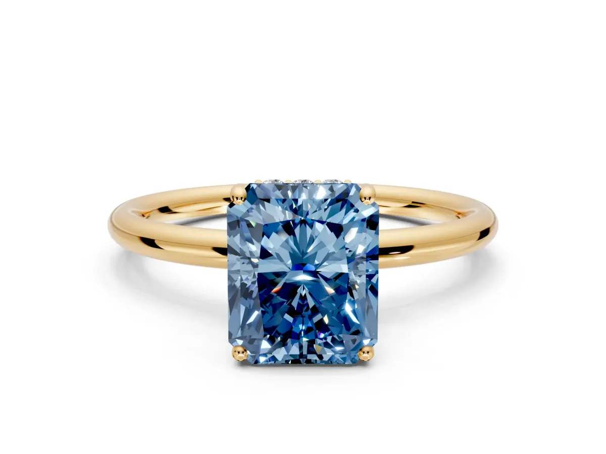 Solitaire Engagement Ring Setting for Fancy Blue Radiant Cut Center with Plain Band, Open Basket and Prong Head in Yellow Gold