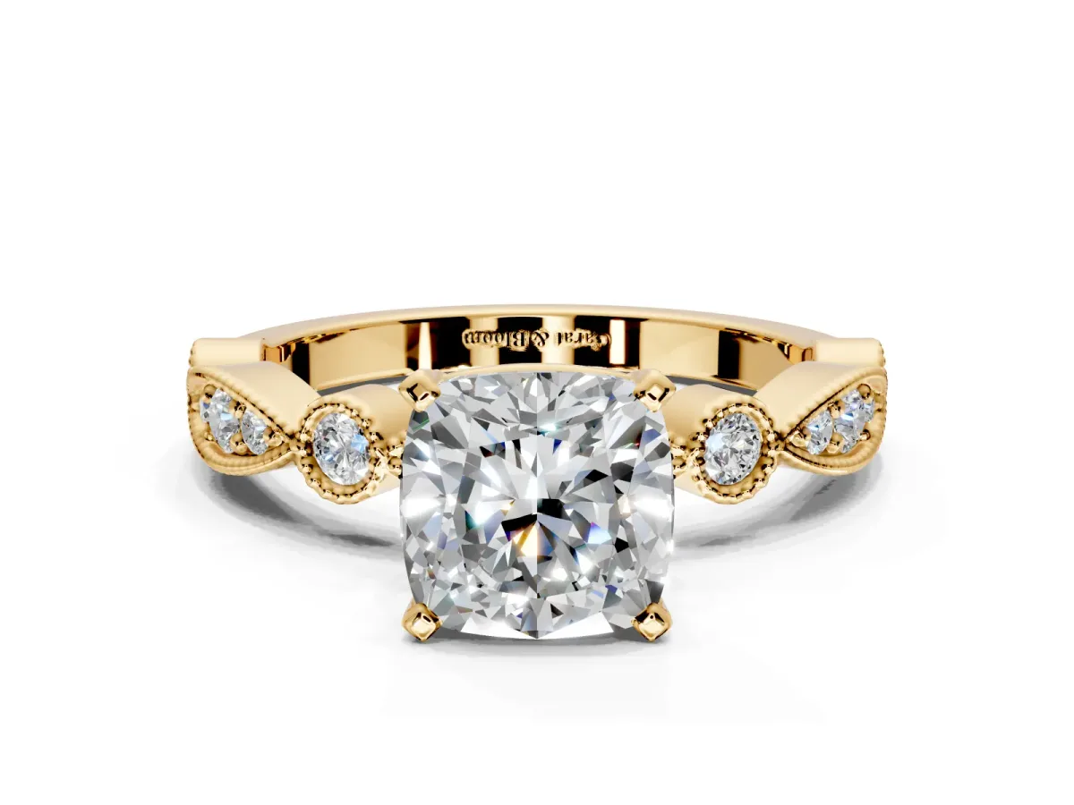 Solitaire Engagement Ring Setting for Cushion Cut Center with Milgrain Bezel Accents and Prong Head in Yellow Gold