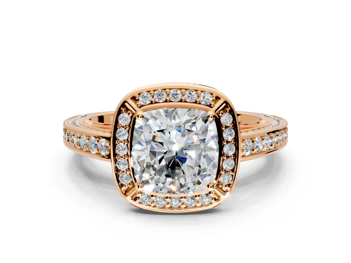 Halo Engagement Ring Setting for Cushion Cut Center with Framed Halo, Pave Band and Prong Head in Rose Gold