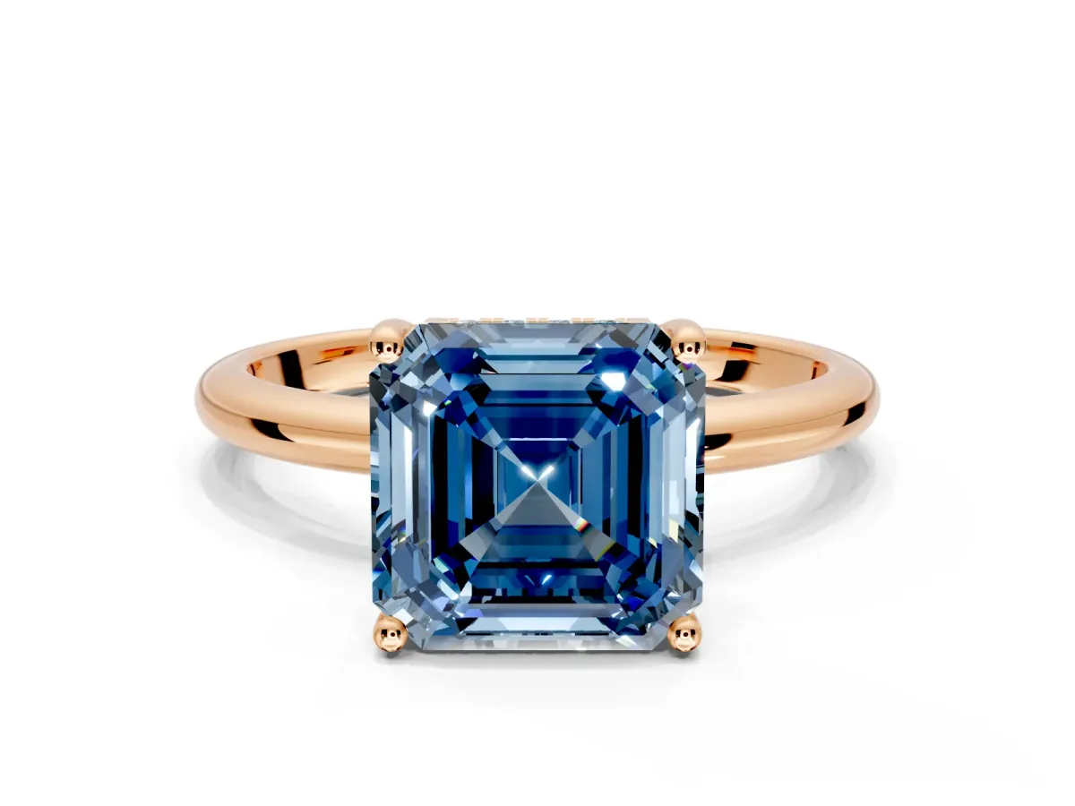 Hidden Halo Engagement Ring Setting for Fancy Blue Asscher Cut Center with Thin Round-Wire Band and Prong Head in Rose Gold