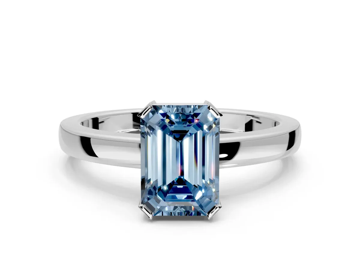 Solitaire Engagement Ring Setting for Fancy Blue Emerald Cut Center with Plain Band and Flat Tab Prong Head in Sterling Silver
