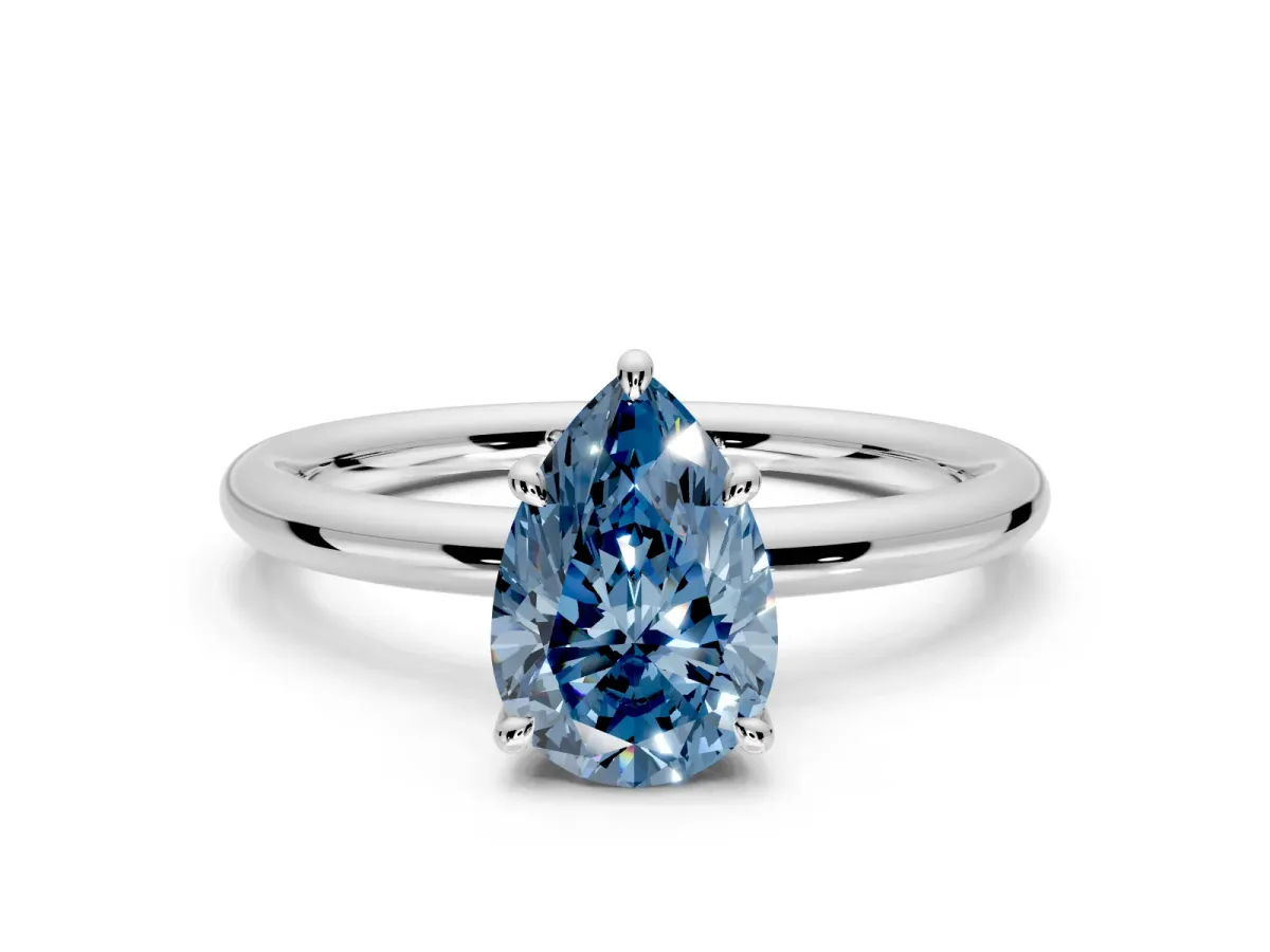 Hidden Halo Engagement Ring Setting for Fancy Blue Pear-Shaped Center with Thin Rounded Band and Prong Head in White Gold