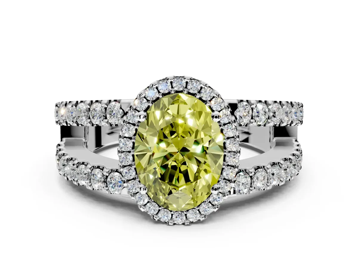 Halo Engagement Ring Setting for Fancy Yellow Oval Center with Wide-Open Pave Split Shank and Prong Head in Platinum