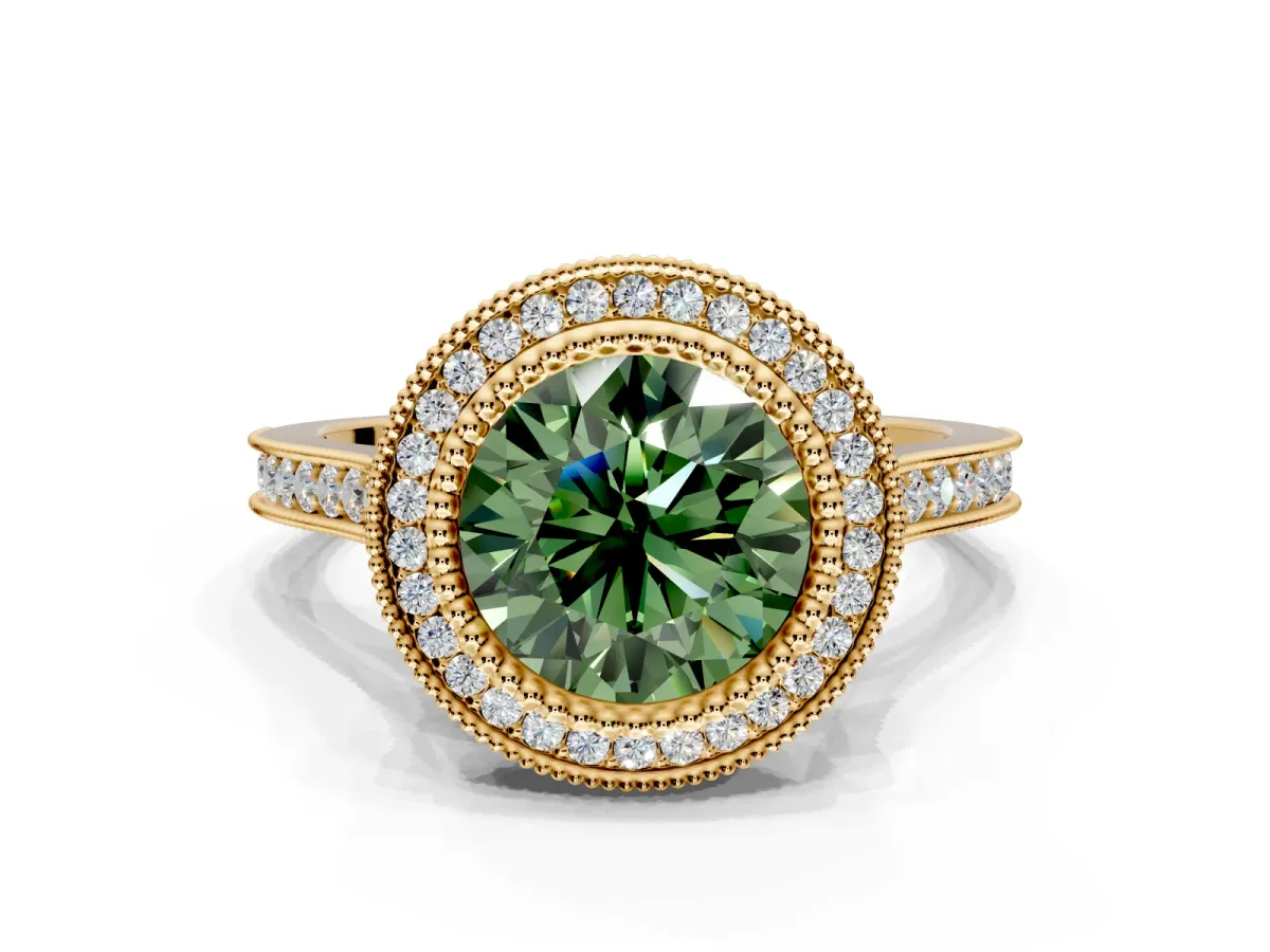 Halo Engagement Ring Setting for Fancy Green Round Cut Center with Milgrain Frame, Pave Band and Prong Head in Yellow Gold