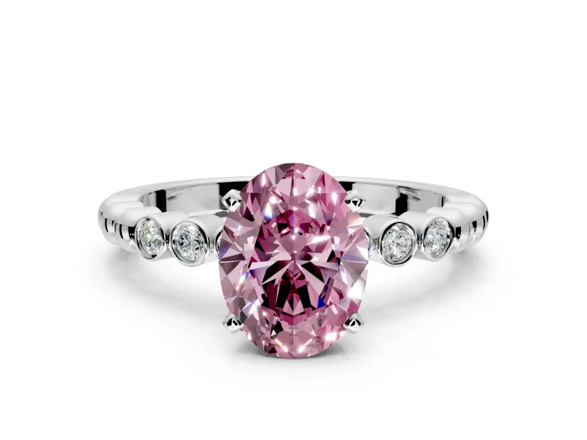Solitaire Engagement Ring Setting for Fancy Pink Oval Center with Bezel-Dot Beaded Band and Prong Head in Platinum