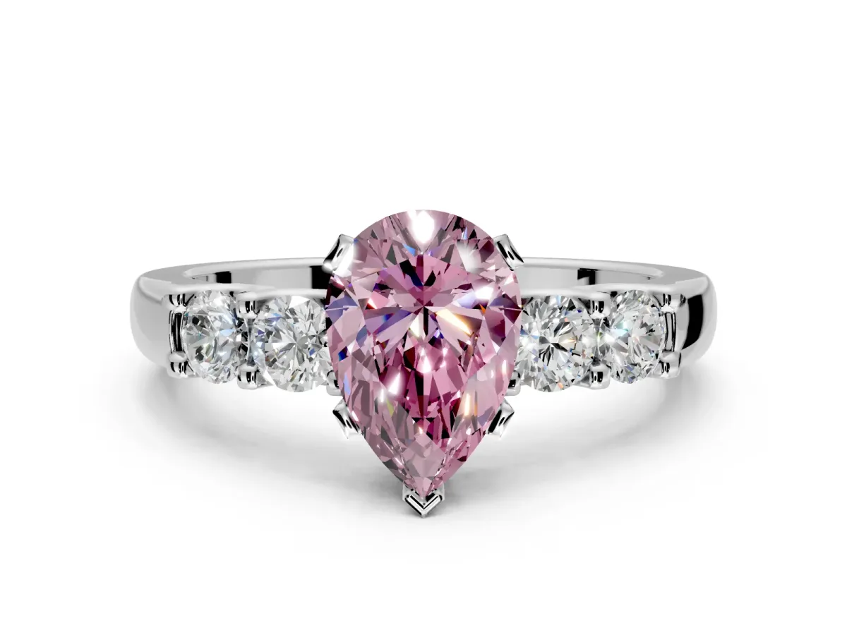 5 Stone Engagement Ring Setting for Fancy Pink Pear-Shaped Center with Plain Band and Prong Head in Platinum