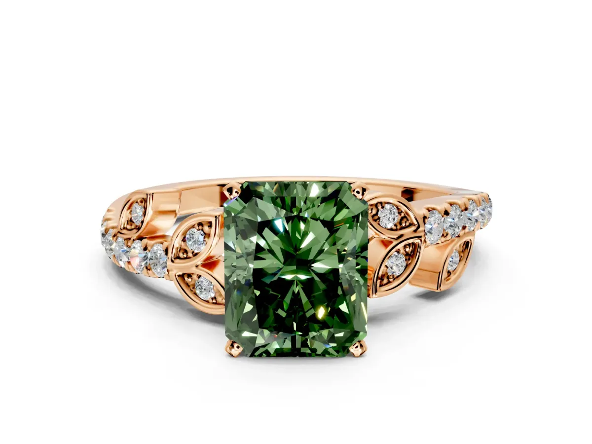 Leaf Motif Engagement Ring Setting for Fancy Green Radiant Cut Center with Pave Band and Prong Head in Rose Gold