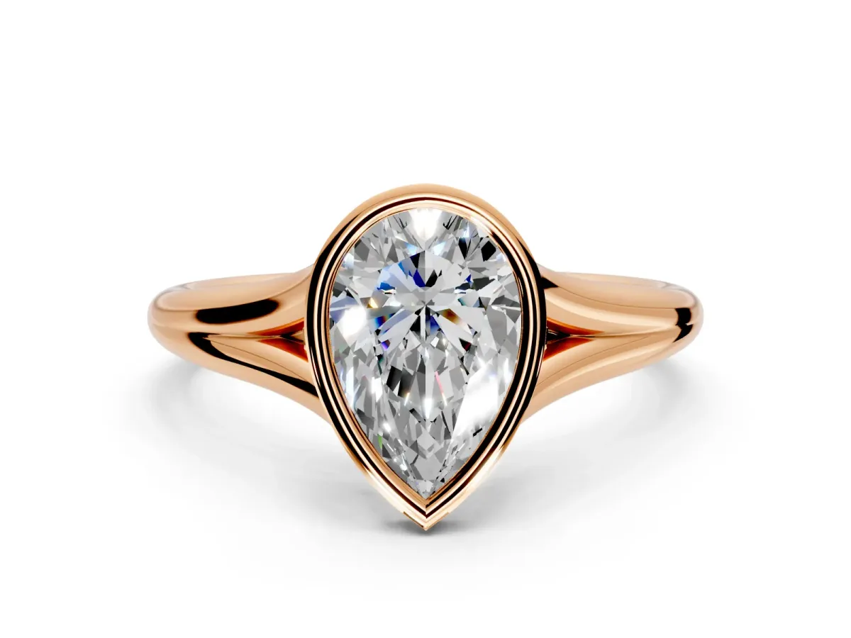 Solitaire Engagement Ring Setting for Pear-Shaped Center with V Split Shank and Bezel Head in Rose Gold