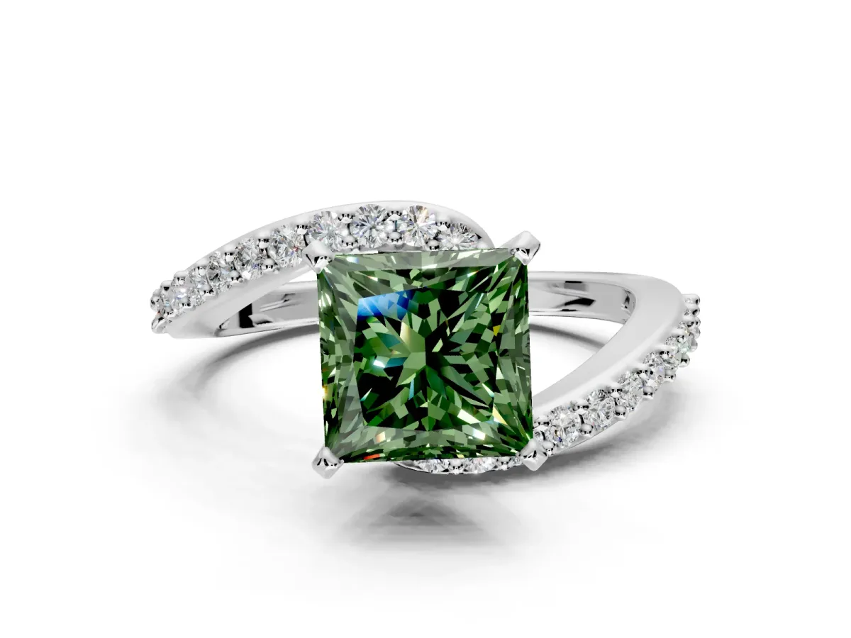 Solitaire Engagement Ring Setting for Fancy Green Princess Cut Center with Pave Bypass Swirl Band and Prong Head in Sterling Silver