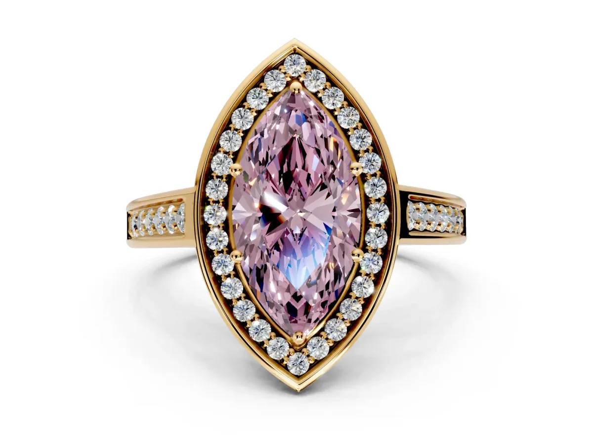 Halo Engagement Ring Setting for Fancy Pink Marquise Center with Outer Bezel Rim, Pave Band and Prong Head in Yellow Gold