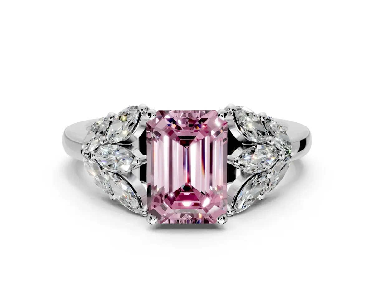 Leaf Cluster Engagement Ring Setting for Fancy Pink Emerald Cut Center with Marquise Accents and Prong Head in Platinum