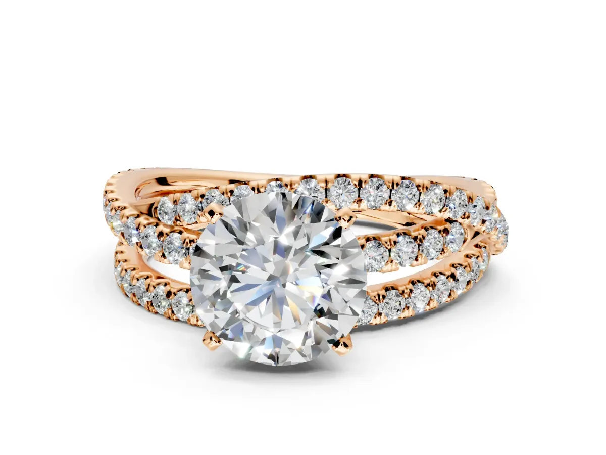 Solitaire Engagement Ring Setting for Round Cut Center with Woven 3-Strand Pave Band and Prong Head in Rose Gold