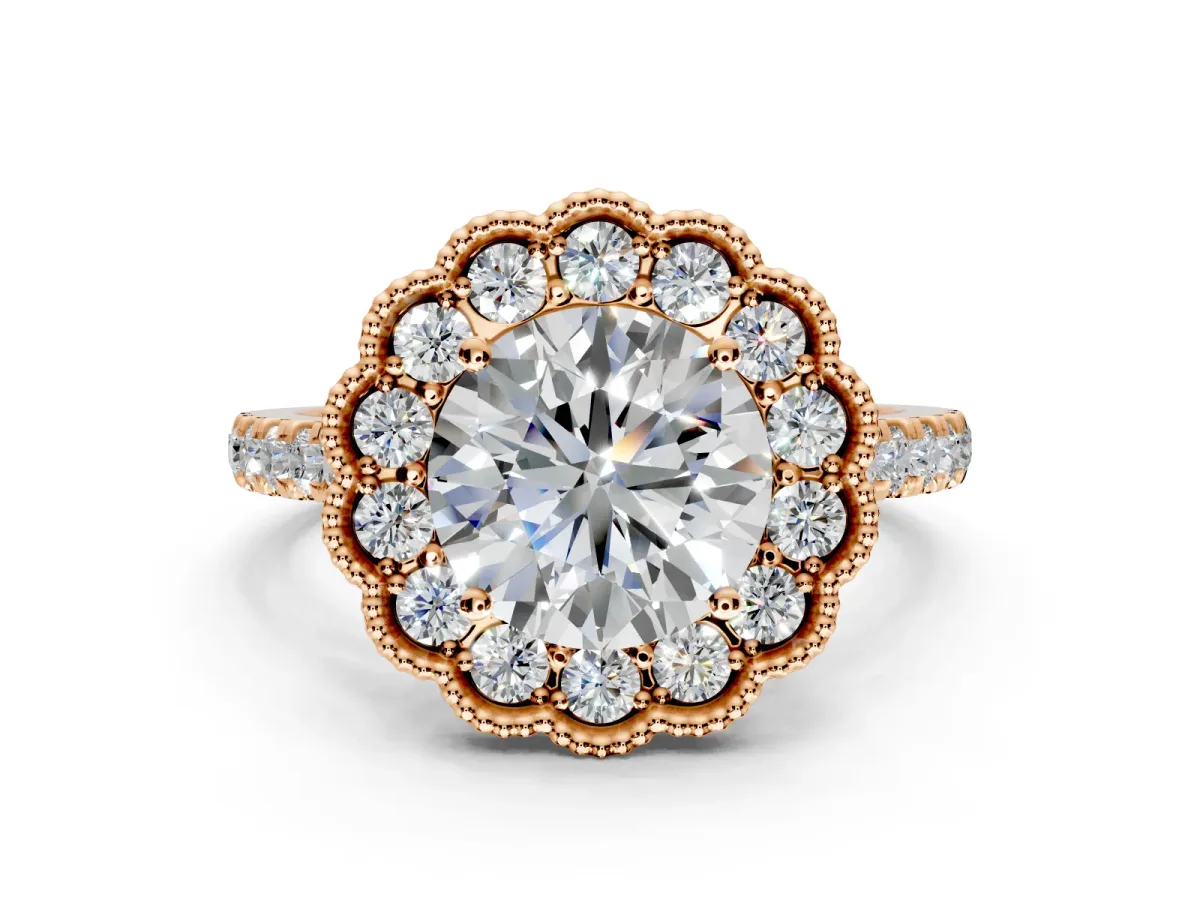Milgrain Floral Halo Engagement Ring Setting for Round Cut Center with Pave Band and Prong Head in Rose Gold