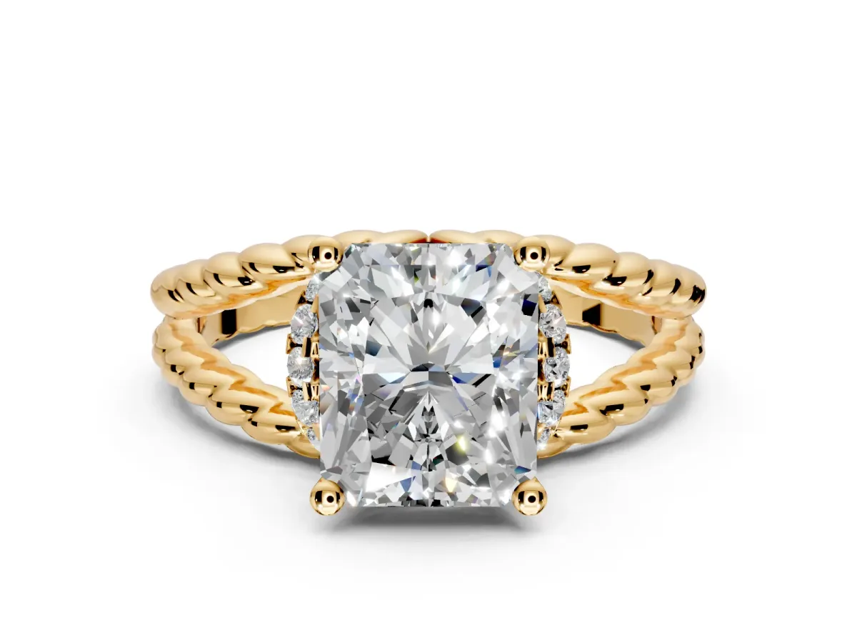 Halo Engagement Ring Setting for Radiant Cut Center with Rope Twist Split Shank and Prong Head in Yellow Gold