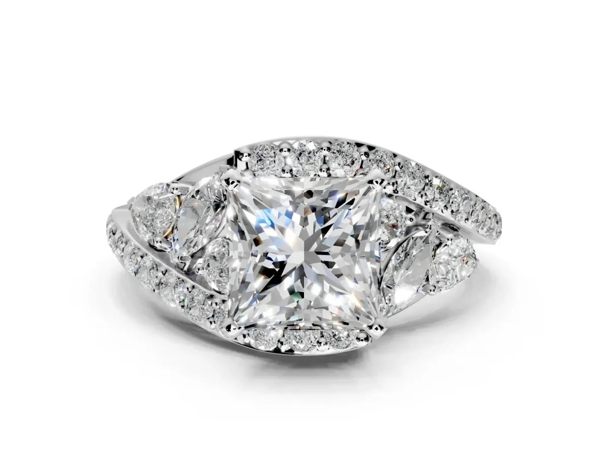 Halo Engagement Ring Setting for Princess Cut Center with Marquise and Pave Bypass Band and Prong Head in White Gold