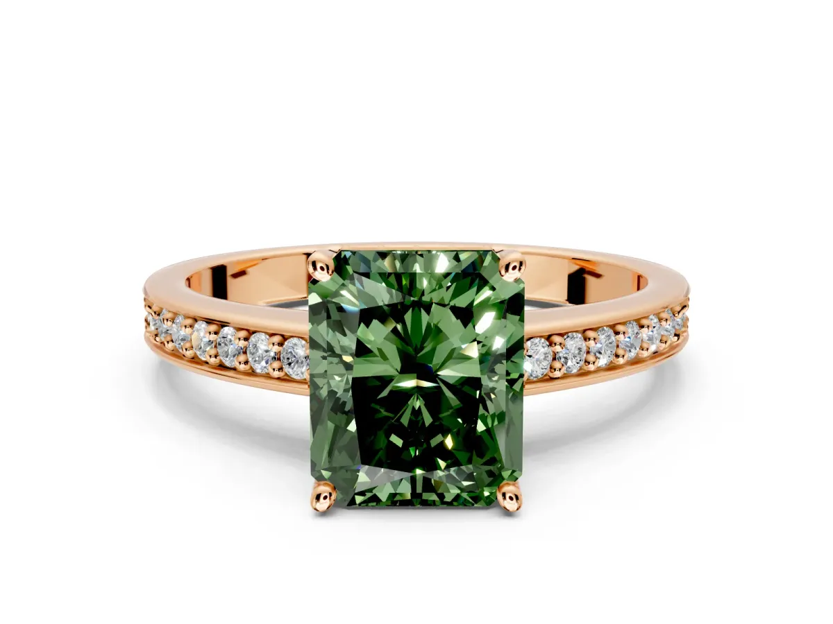 Solitaire Engagement Ring Setting for Fancy Green Radiant Cut Center with Channel-Set Accent Band and Prong Head in Rose Gold