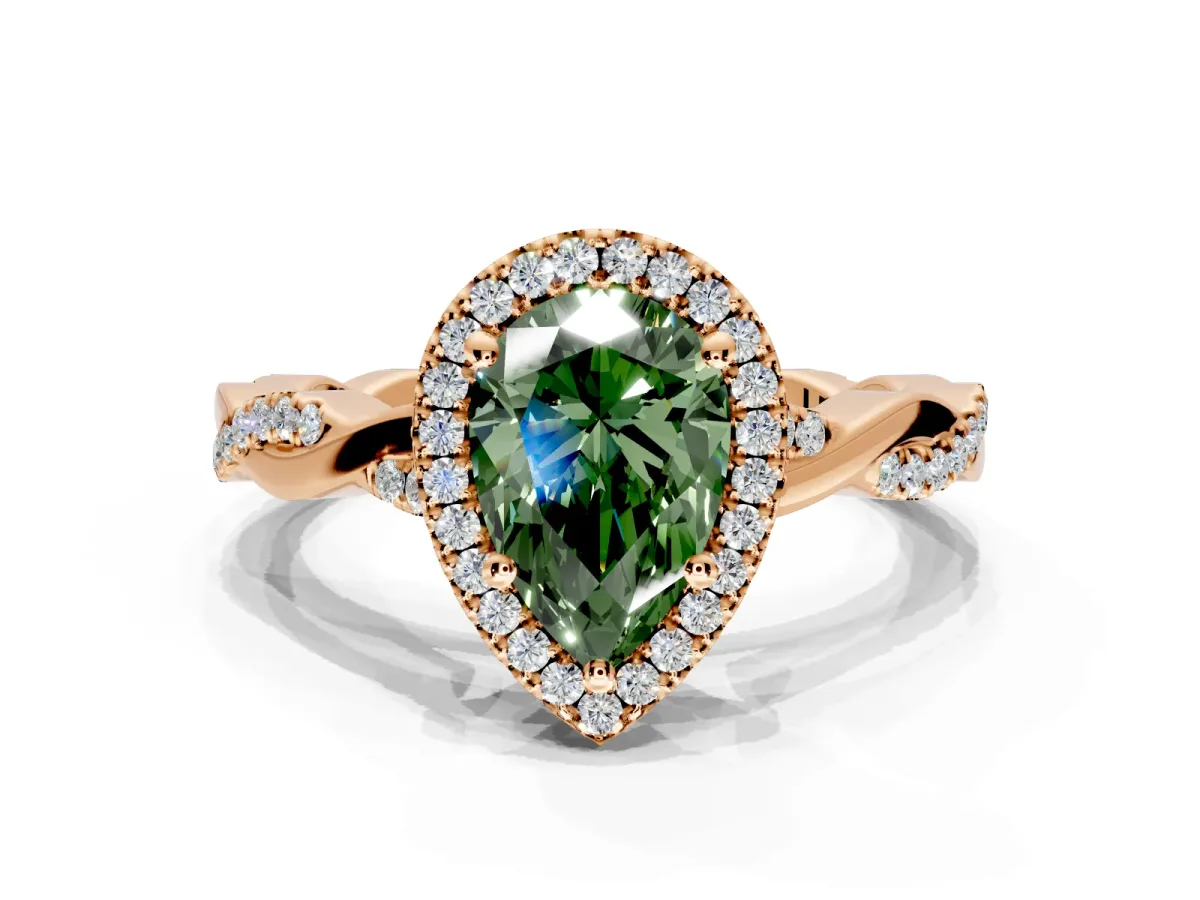 Halo Engagement Ring Setting for Fancy Green Pear-Shaped Center with Pave and Plain Twist Band and Prong Head in Rose Gold