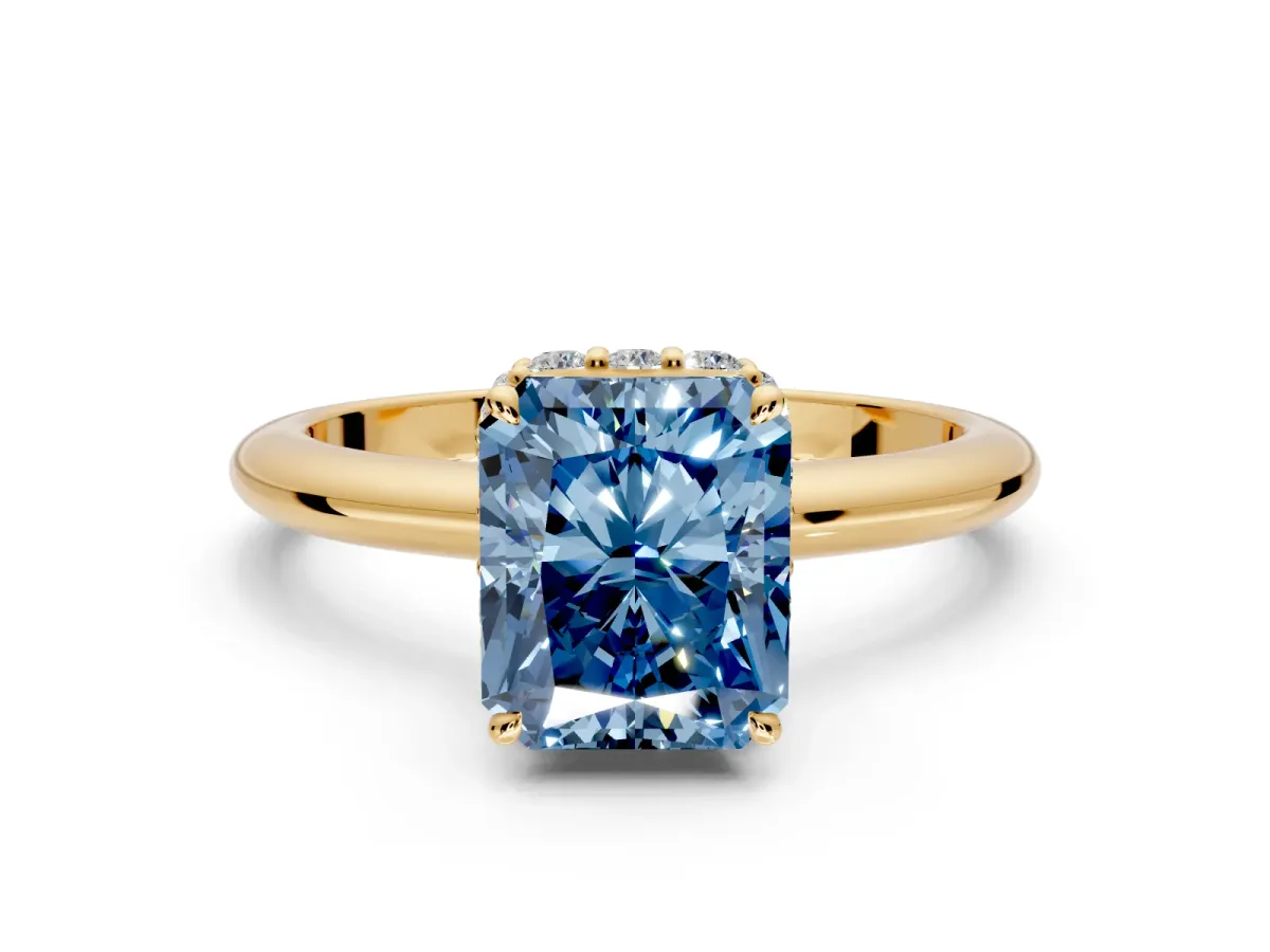Hidden Halo Engagement Ring Setting for Fancy Blue Radiant Cut Center with Plain Rounded Band and Prong Head in Yellow Gold