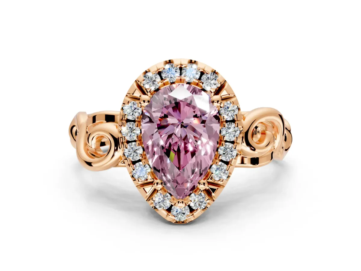 Halo Engagement Ring Setting for Fancy Pink Pear-Shaped Center with Open Scroll Shoulders and Prong Head in Rose Gold