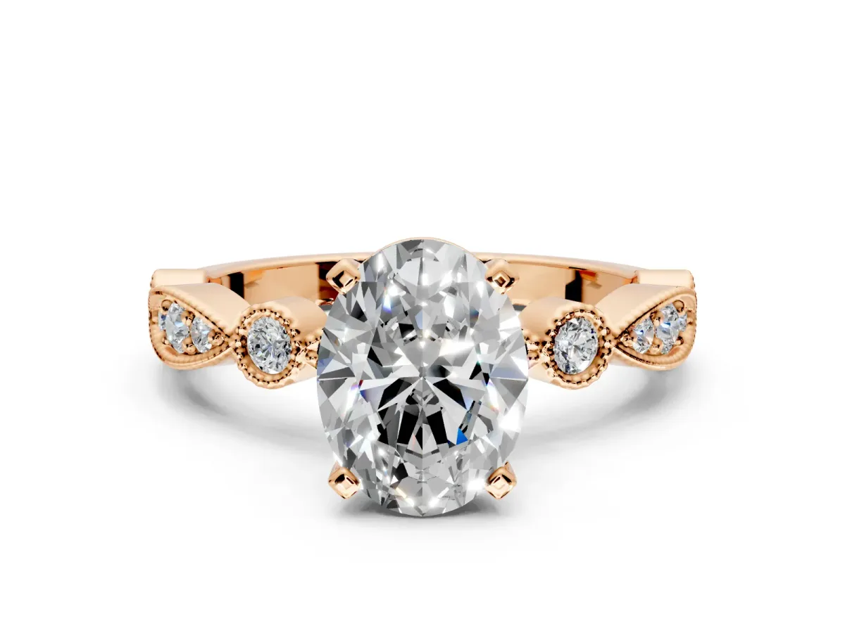 Solitaire Engagement Ring Setting for Oval Center with Milgrain Bezel Accents and Prong Head in Rose Gold
