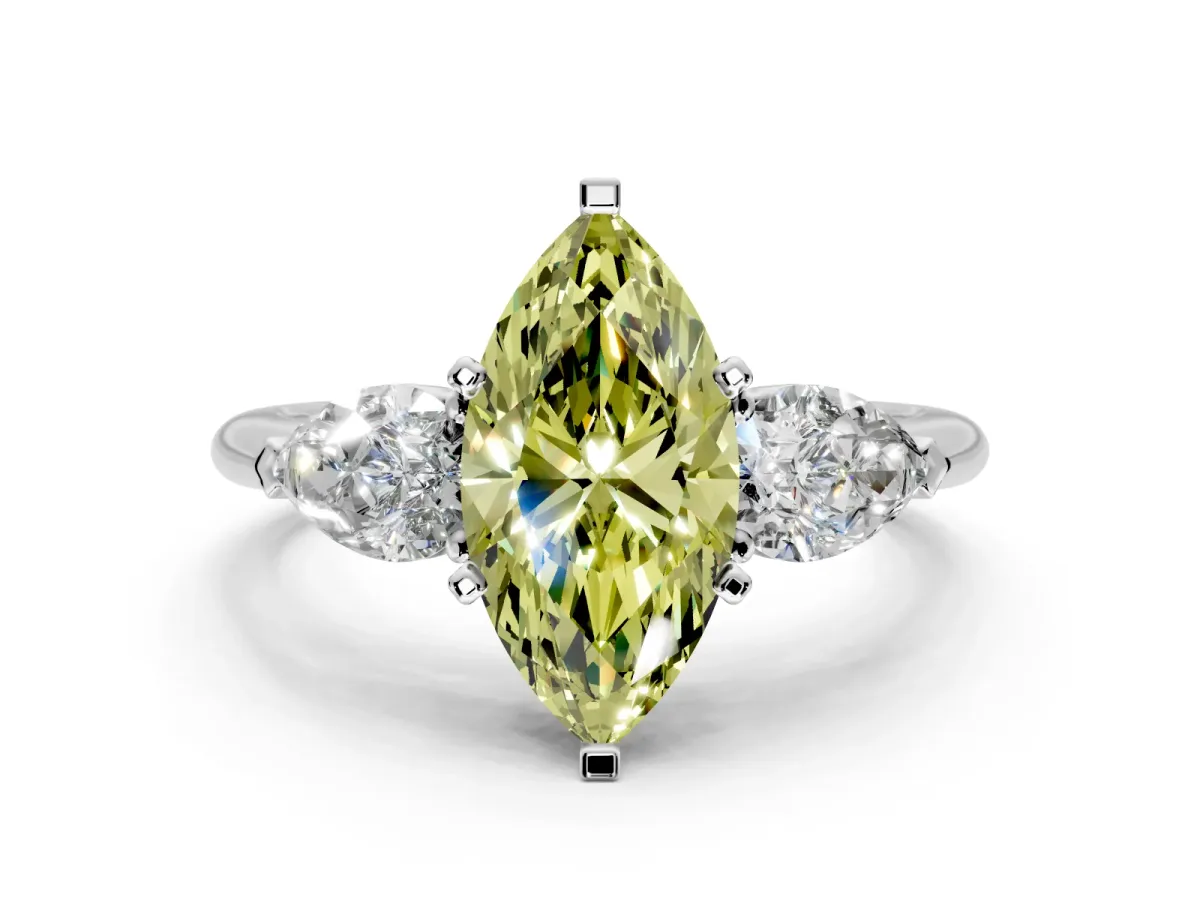 3 Stone Engagement Ring Setting for Fancy Yellow Marquise Center with Large Pear-Shaped Accents and Prong Head in Sterling Silver
