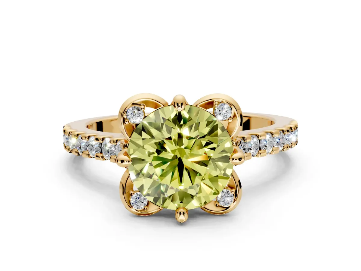 Floral Engagement Ring Setting for Fancy Yellow Round Cut Center with Pave Band and Floral Prong Head in Yellow Gold