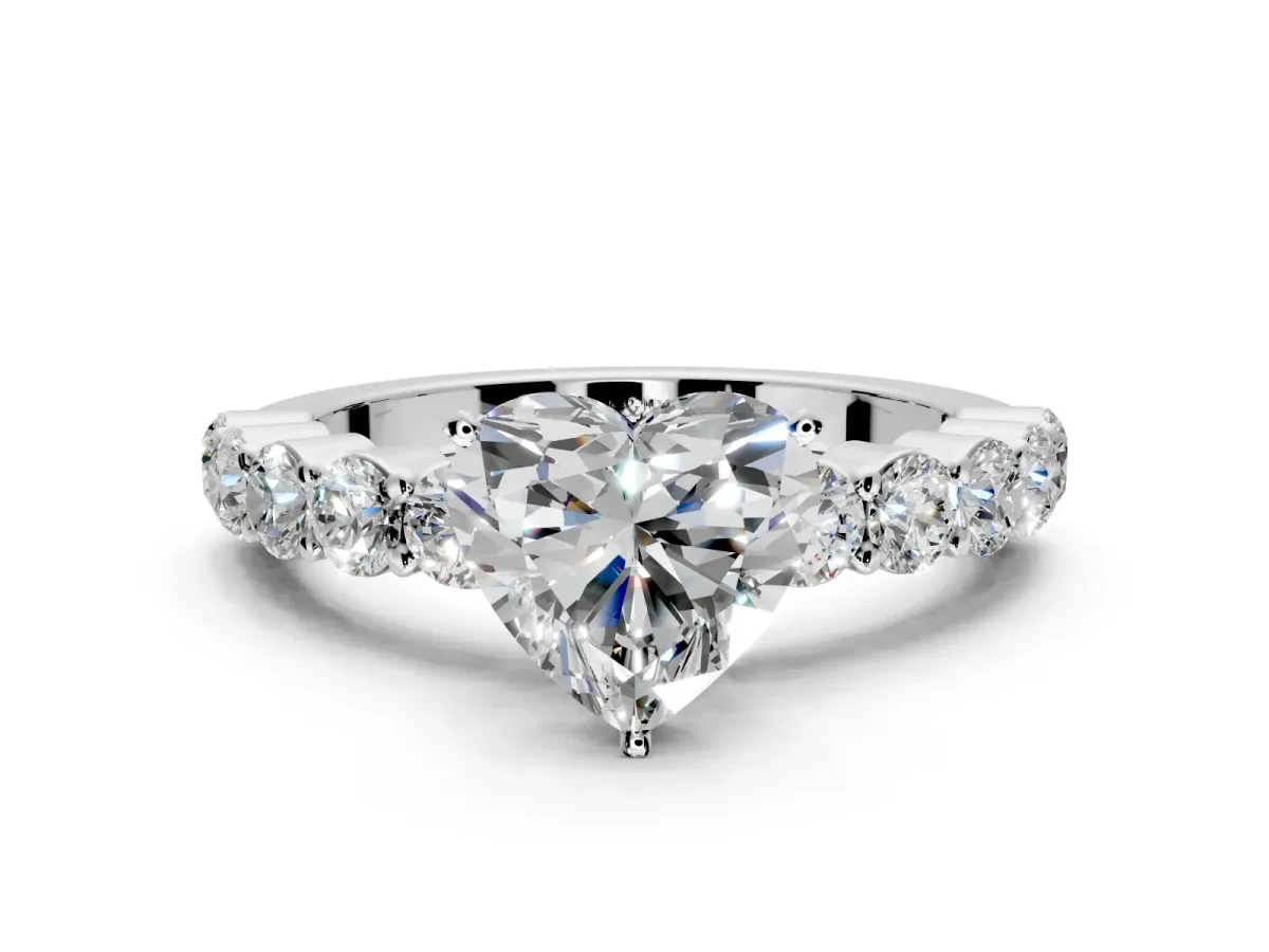 Shared-Prong Engagement Ring Setting for Heart-Shaped Center with Graduated Accents and Prong Head in Sterling Silver