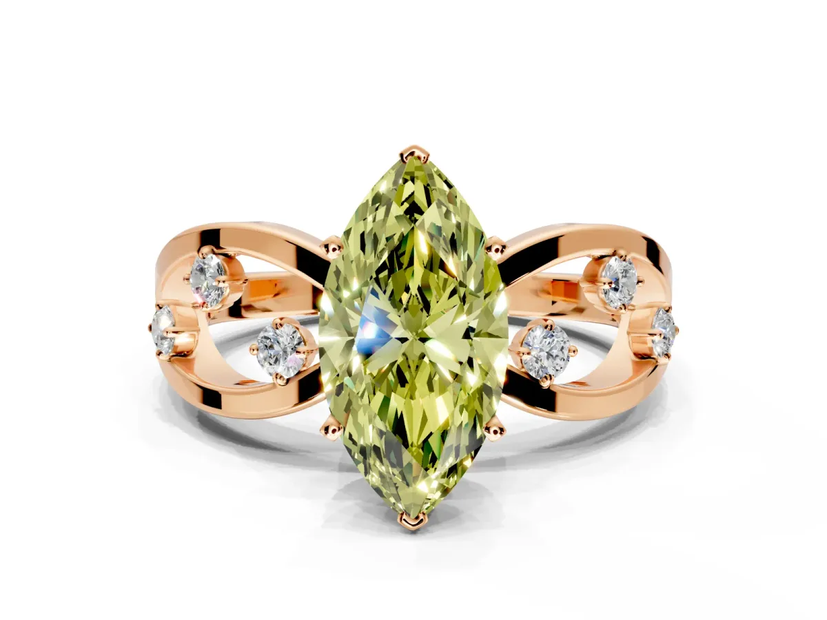 Solitaire Engagement Ring Setting for Fancy Yellow Marquise Center with Criss-Cross Accent Band and Prong Head in Rose Gold