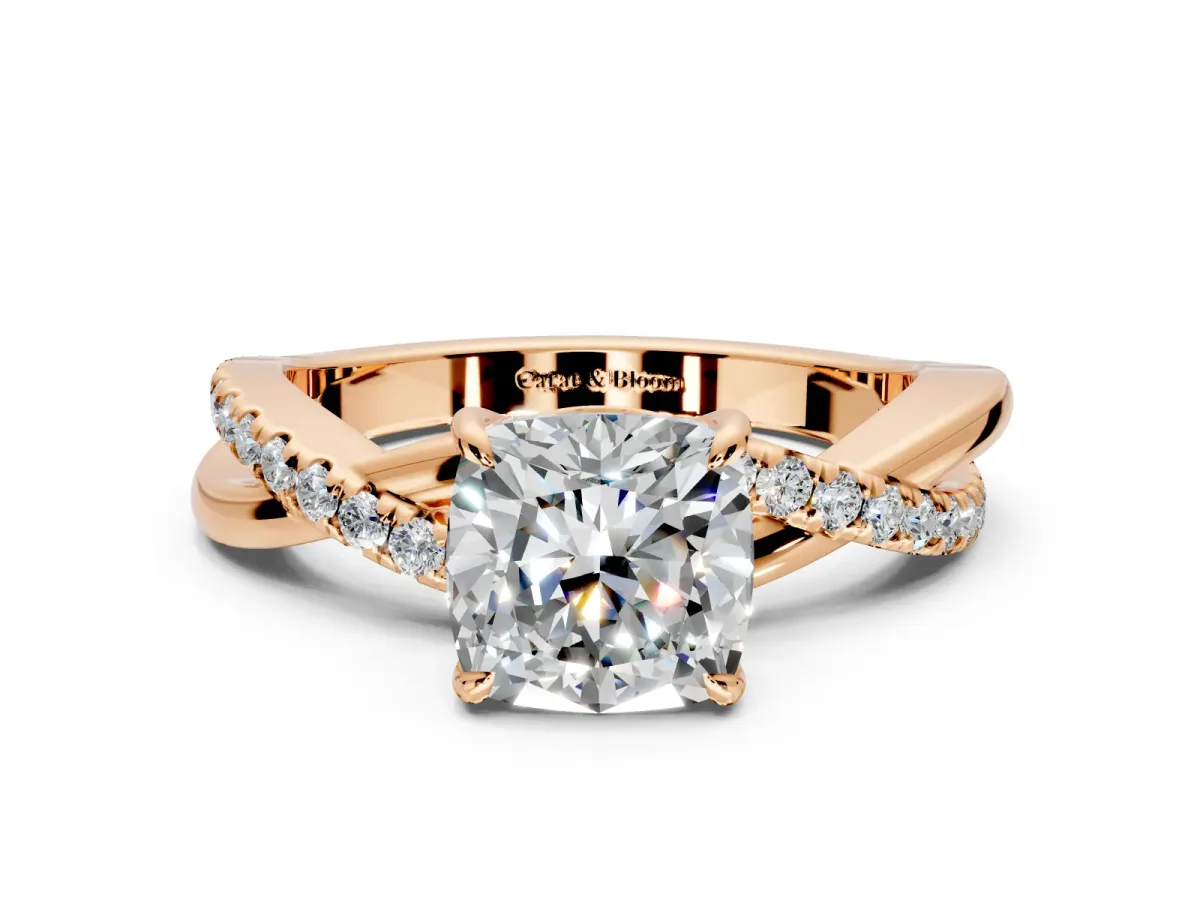 Crossover Engagement Ring Setting for Cushion Cut Center with Pave and Plain Strands and Prong Head in Rose Gold